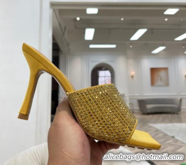 Buy Luxury Bottega Veneta Lido High Heel Slide Sandals in Silk and Crystals 9cm Yellow 032014