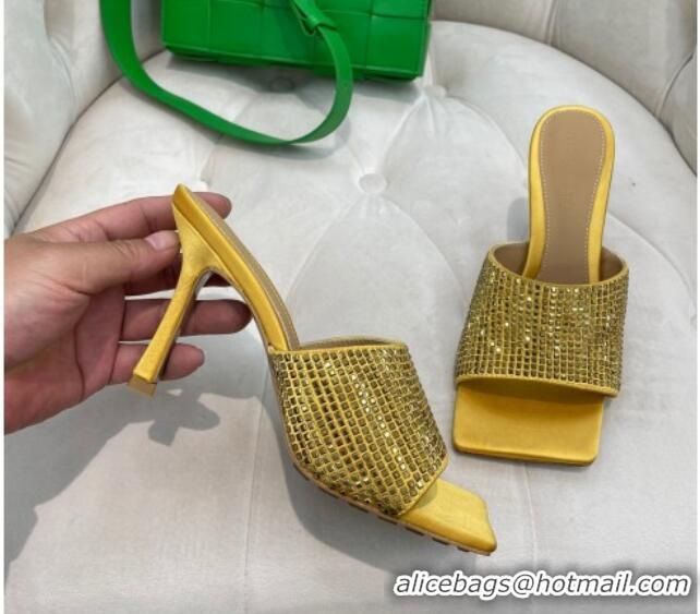 Buy Luxury Bottega Veneta Lido High Heel Slide Sandals in Silk and Crystals 9cm Yellow 032014