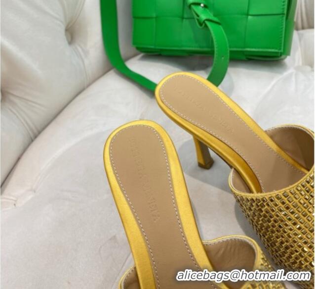 Buy Luxury Bottega Veneta Lido High Heel Slide Sandals in Silk and Crystals 9cm Yellow 032014