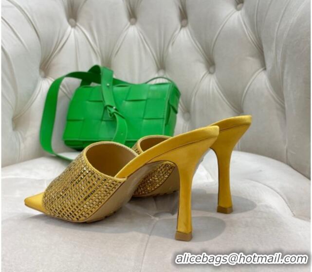 Buy Luxury Bottega Veneta Lido High Heel Slide Sandals in Silk and Crystals 9cm Yellow 032014