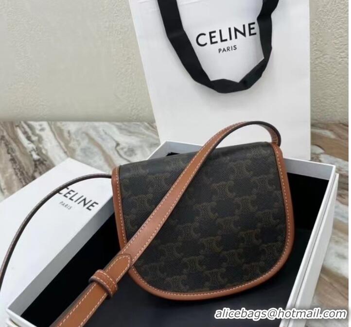 Buy Inexpensive Celine MINI BESACE IN TRIOMPHE CANVAS AND CALFSKIN 196702 TAN