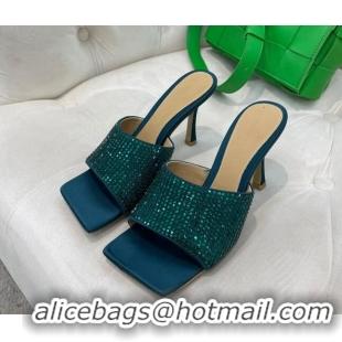 Sumptuous Bottega Veneta Lido High Heel Slide Sandals in Silk and Crystals 9cm Green 032015