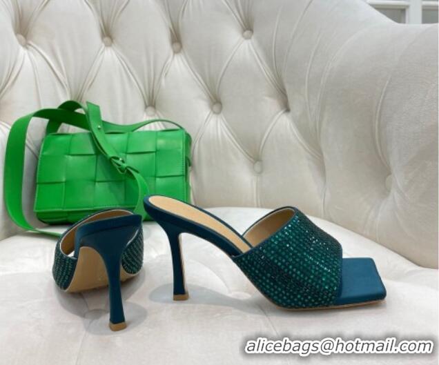 Sumptuous Bottega Veneta Lido High Heel Slide Sandals in Silk and Crystals 9cm Green 032015