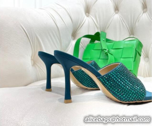 Sumptuous Bottega Veneta Lido High Heel Slide Sandals in Silk and Crystals 9cm Green 032015