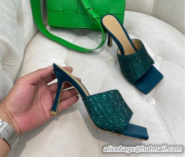 Sumptuous Bottega Veneta Lido High Heel Slide Sandals in Silk and Crystals 9cm Green 032015