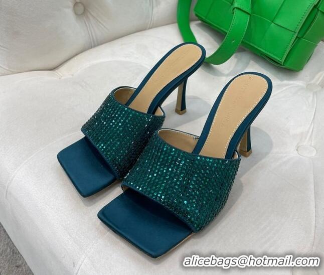 Sumptuous Bottega Veneta Lido High Heel Slide Sandals in Silk and Crystals 9cm Green 032015