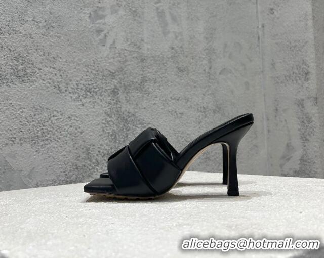 Good Quality Bottega Veneta Patch High Heel Slide Sandals in Intrecciato Leather 9.5cm Black 032025