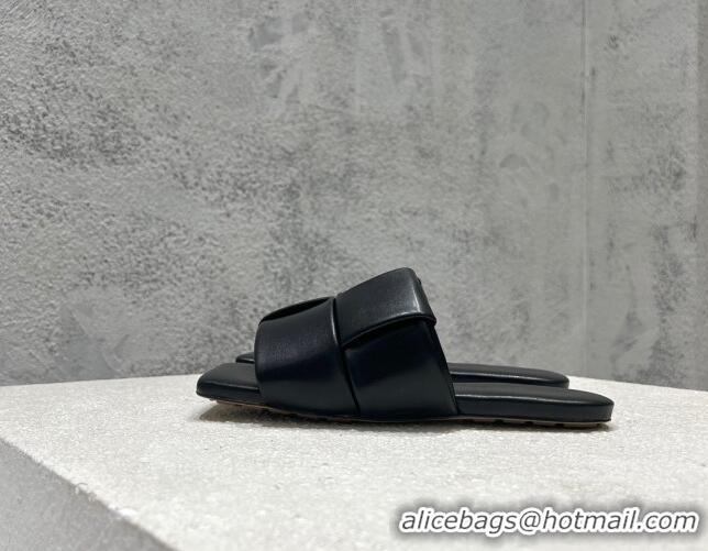 Grade Quality Bottega Veneta Patch Flat Slide Sandals in Intrecciato Leather Black 032030