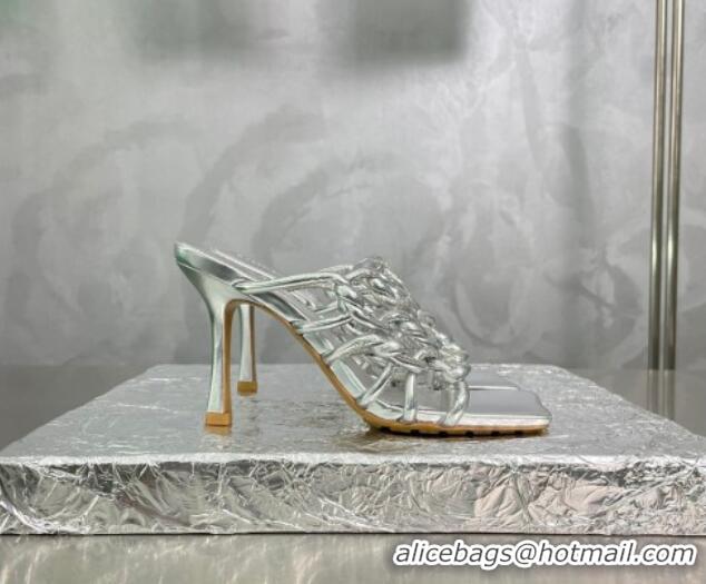 Popular Style Bottega Veneta Stretch Twist Tubular Lambskin Heel Slide Sandals 9cm Silver 403052