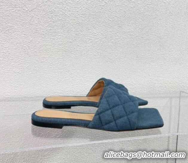 Discount Bottega Veneta Padded Quilted Denim Flat Slide Sandals Blue 524051