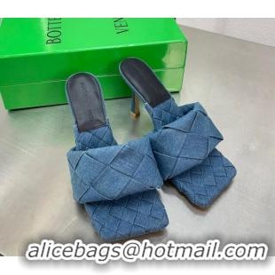 Hot Style Bottega Veneta Woven Denim Heel Slide Sandals 9cm Blue 524054