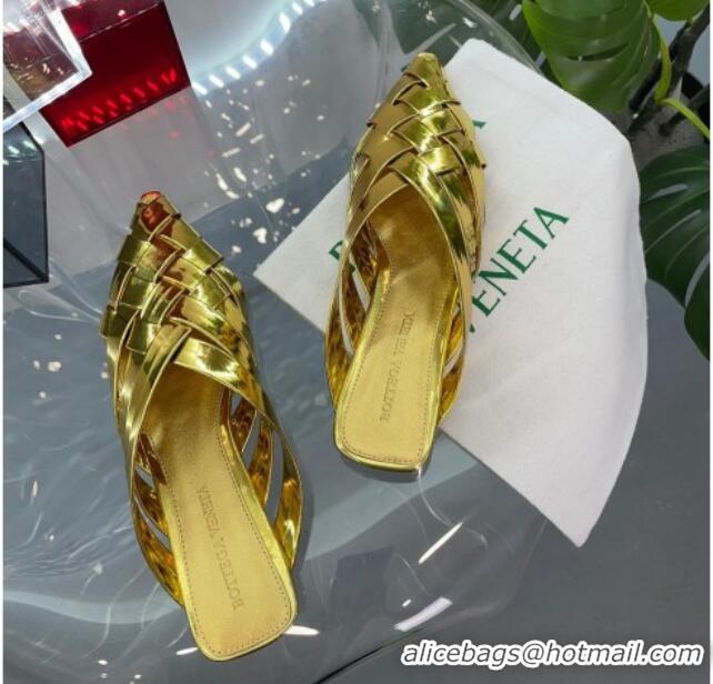 Unique Discount Bottega Veneta Alfie Slipper Flat Mules in Intreccio Leather Gold 0524057