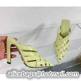 Good Quality Bottega Veneta Alfie Heel Mules 10cm in Intreccio Leather Light Yellow 524066