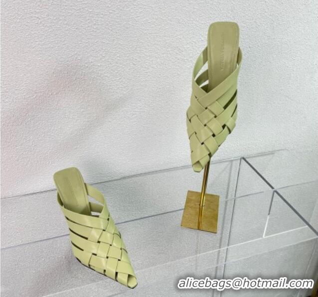 Good Quality Bottega Veneta Alfie Heel Mules 10cm in Intreccio Leather Light Yellow 524066