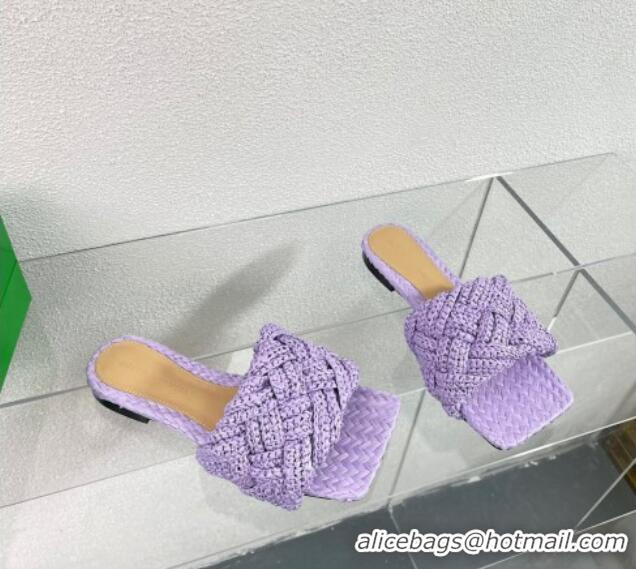 Charming Bottega Veneta Lido Flat Slide Sandals in Intrecciato Raffia Purple 524087