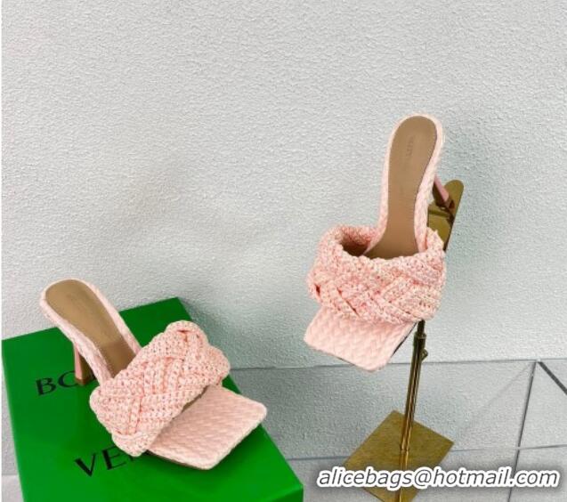 Shop Duplicate Bottega Veneta Lido Heel Slide Sandals in Intrecciato Raffia 9cm Light Pink 524090