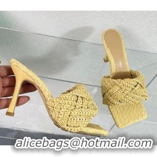 Stylish Bottega Veneta Lido Heel Slide Sandals in Intrecciato Raffia 9cm Yellow 524091