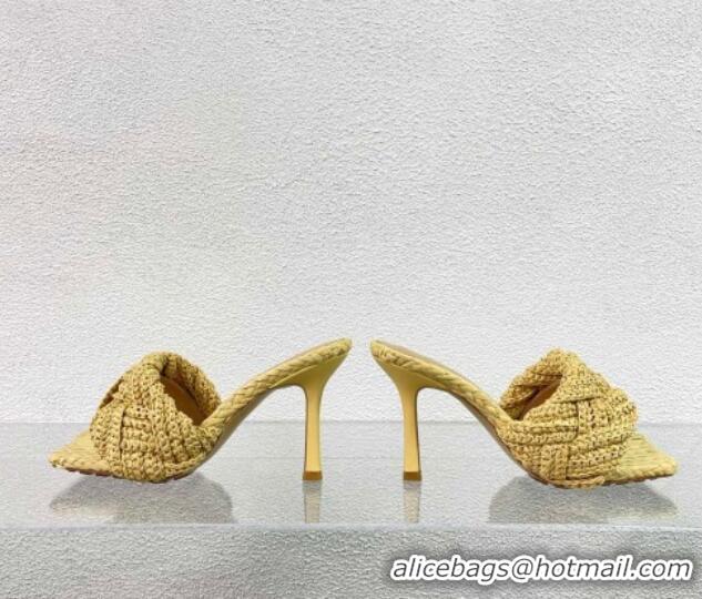 Stylish Bottega Veneta Lido Heel Slide Sandals in Intrecciato Raffia 9cm Yellow 524091