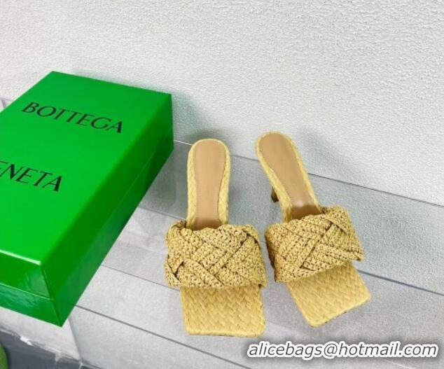 Stylish Bottega Veneta Lido Heel Slide Sandals in Intrecciato Raffia 9cm Yellow 524091