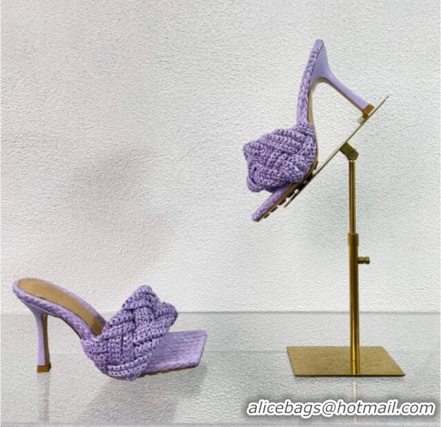 Trendy Design Bottega Veneta Lido Heel Slide Sandals in Intrecciato Raffia 9cm Purple 524092