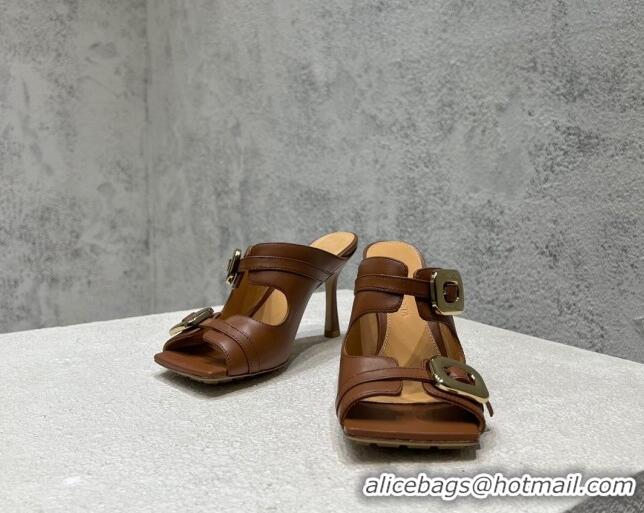 Good Product Bottega Veneta Stretch Buckle Leather Heel Mule Sandal 9.5cm Brown 619033