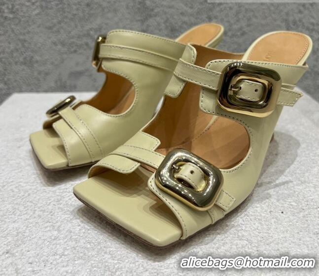 Lower Price Bottega Veneta Stretch Buckle Leather Heel Mule Sandal 9.5cm Light Yellow 619034