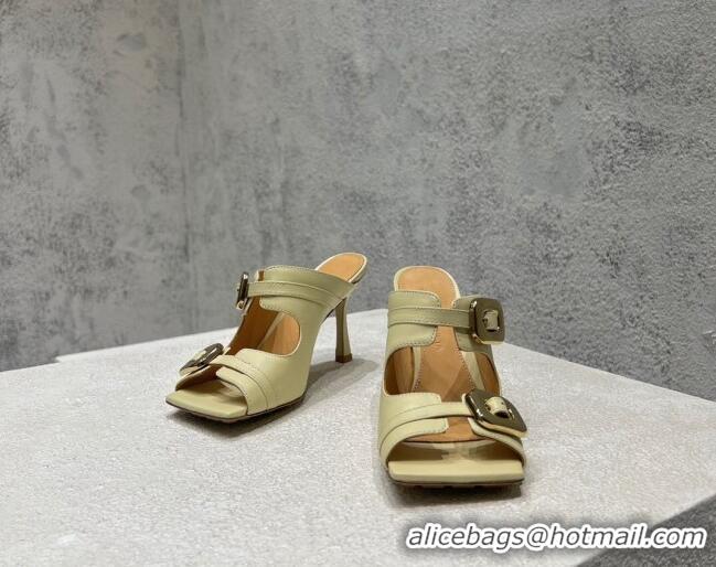 Lower Price Bottega Veneta Stretch Buckle Leather Heel Mule Sandal 9.5cm Light Yellow 619034