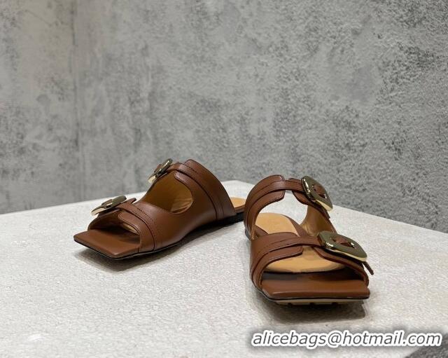 Discount Bottega Veneta Stretch Buckle Leather Flat Mule Sandal Brown 0619037