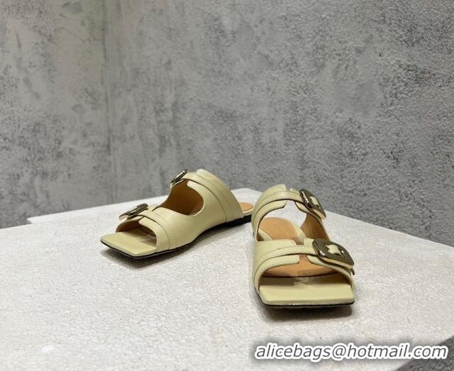 Well Crafted Bottega Veneta Stretch Buckle Leather Flat Mule Sandal Light Yellow 0619038