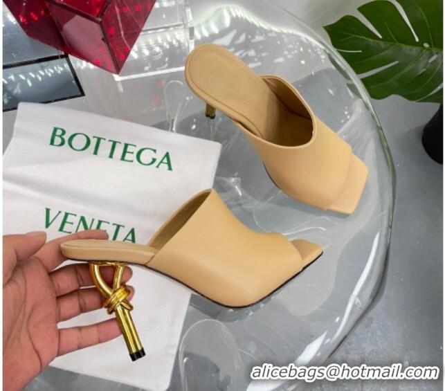 Lower Price Bottega Veneta Knot Leather Heel Slide Sandals 9cm Apricot 0619043