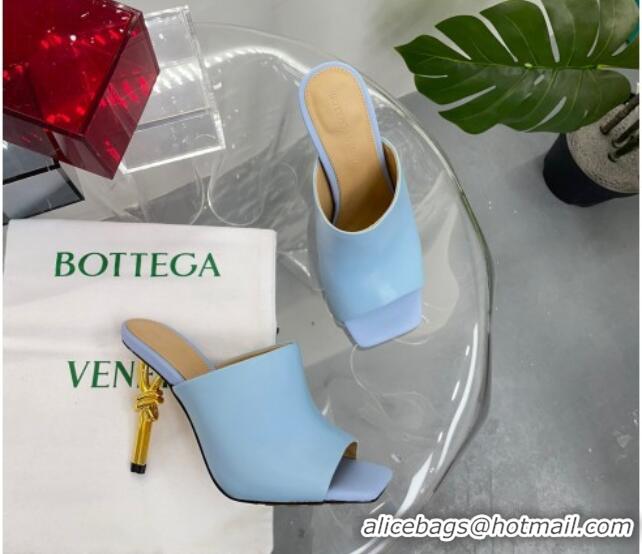 Fashion Bottega Veneta Knot Leather Heel Slide Sandals 9cm Light Blue 619047