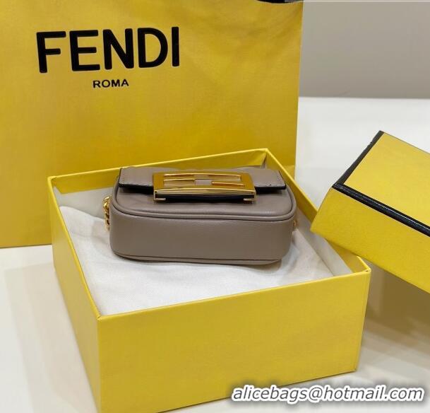 Top Grade Fendi Nano Baguette Chain Mini Bag in FF Nappa Leather 8603S Grey 2023