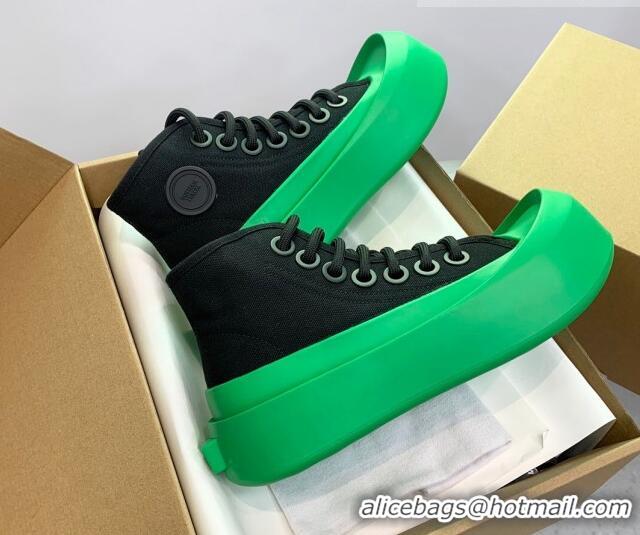 Popular Style Bottega Veneta Jumbo Platform High Top Sneakers in Nylon and Rubber Black/Green 703045