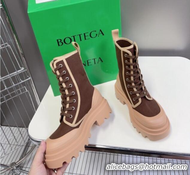 Stylish Bottega Veneta Canvas Lace-up Ankle Boots 6cm with Zip Brown 0724083