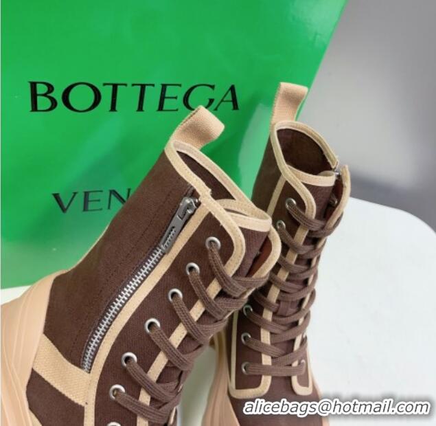 Stylish Bottega Veneta Canvas Lace-up Ankle Boots 6cm with Zip Brown 0724083