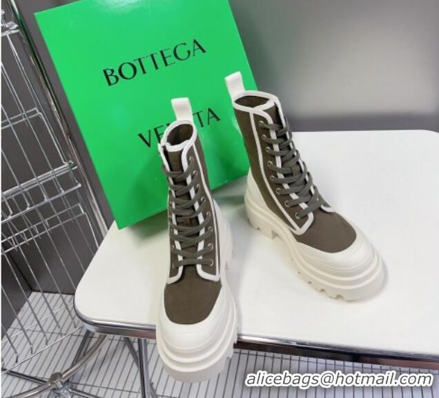 Stylish Bottega Veneta Canvas Lace-up Ankle Boots 6cm with Zip Green 724084