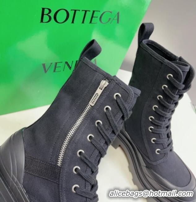 Duplicate Bottega Veneta Canvas Lace-up Ankle Boots 6cm with Zip Black 724085