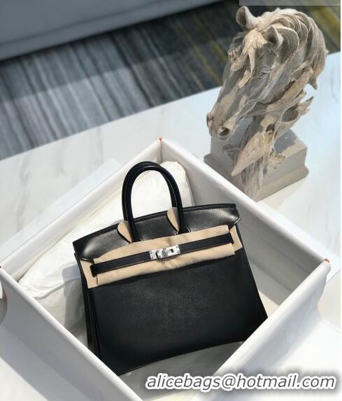 Top Quality Hermes Birkin Box Bag 25cm in Box Calf Leather HB25 Black/Silver (Half-handmade)