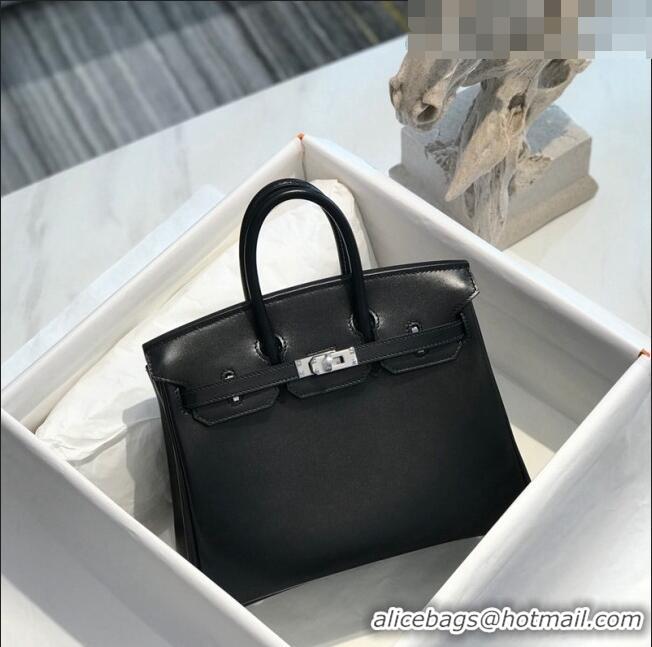 Top Quality Hermes Birkin Box Bag 25cm in Box Calf Leather HB25 Black/Silver (Half-handmade)