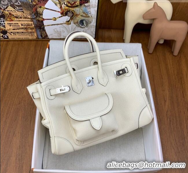 Famous Brand Hermes Birkin 25cm Cargo Bag in Swift Leather and Canvas HB25 White (Pure Handmade)