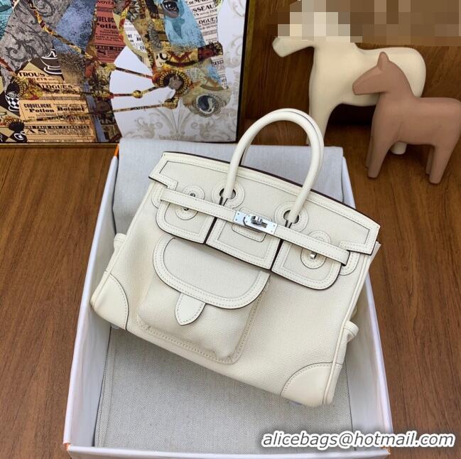 Famous Brand Hermes Birkin 25cm Cargo Bag in Swift Leather and Canvas HB25 White (Pure Handmade)