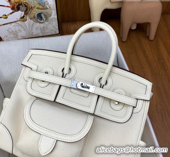 Famous Brand Hermes Birkin 25cm Cargo Bag in Swift Leather and Canvas HB25 White (Pure Handmade)