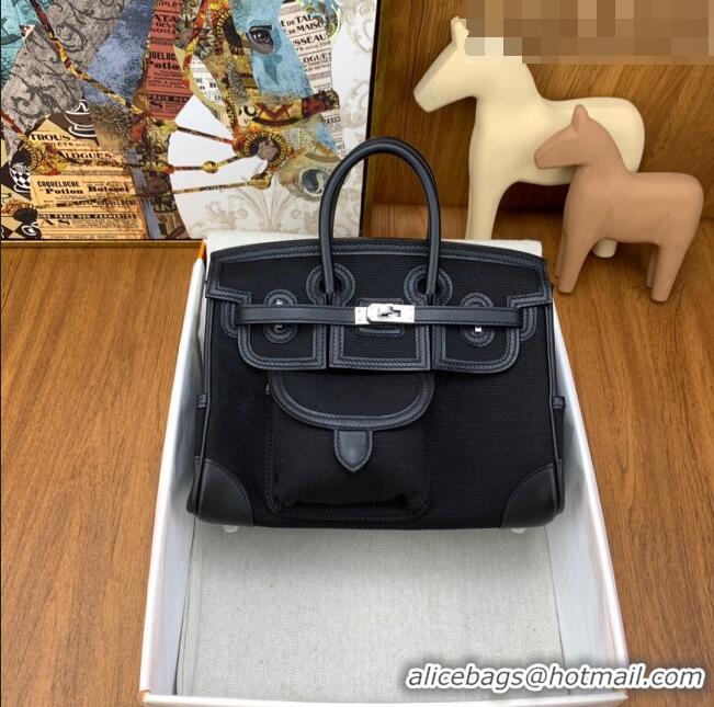 Low Cost Hermes Birkin 25cm Cargo Bag in Swift Leather and Canvas HB25 Black (Pure Handmade)