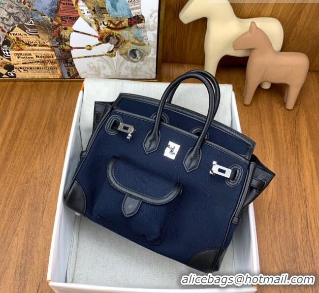 Shop Grade Hermes Birkin 25cm Cargo Bag in Swift Leather and Canvas HB25 Navy Blue (Pure Handmade)