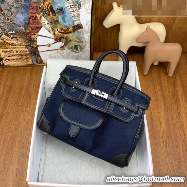 Shop Grade Hermes Birkin 25cm Cargo Bag in Swift Leather and Canvas HB25 Navy Blue (Pure Handmade)