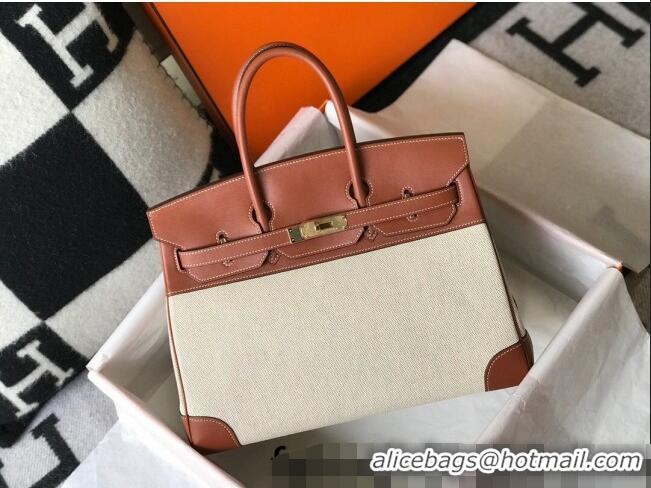 Promotional Hermes Birkin 35cm Bag in Swift Leather and Canvas HB35 Brown/Beige/Gold