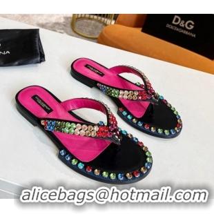 Low Price Dolce & Gabbana DG Crystal Flat Thong Sandals Black 113026