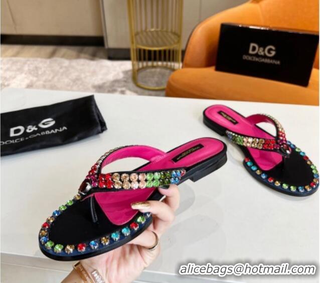 Low Price Dolce & Gabbana DG Crystal Flat Thong Sandals Black 113026