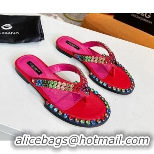 Best Price Dolce & Gabbana DG Crystal Flat Thong Sandals Red 113029