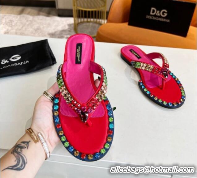 Best Price Dolce & Gabbana DG Crystal Flat Thong Sandals Red 113029